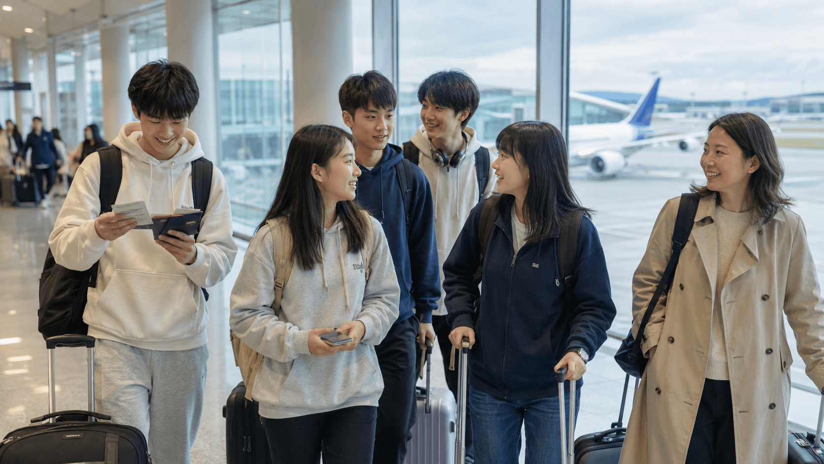 学生在机场准备前往英国本部交换学习